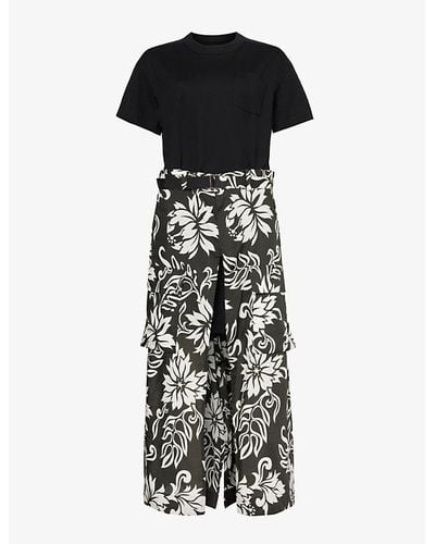 Sacai Floral-print Flap-pocket Cotton Midi Dress X - Black