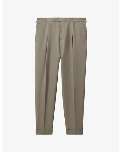 Reiss Com Front-pleat Straight-leg Cotton And Linen-blend Pants - Grey