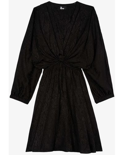 The Kooples Jacquard-print Elasticated-waist Silk Mini Dress - Black