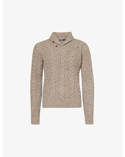 Polo Ralph Lauren Shawl-collar Cable Recycled Wool And Nylon-blend Knitted Sweater X - Natural