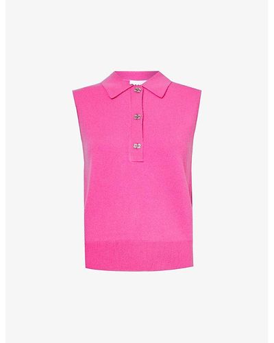Ganni Polo-collar Brushed Wool And Cashmere-blend Vest - Pink