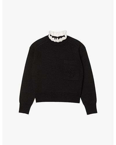 Sandro Lucien Frill-neck Logo-embroidered Knitted Sweater - Black