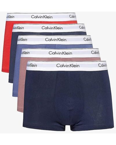Calvin Klein Logo-waistband Pack Of Five Stretch-cotton Trunks - Blue