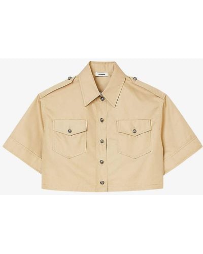 Sandro Patch-pocket Cropped Cotton-blend Shirt - Natural