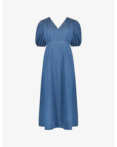 Ro&zo Shirred-shoulder Relaxed-fit Cotton Midi Dress - Blue