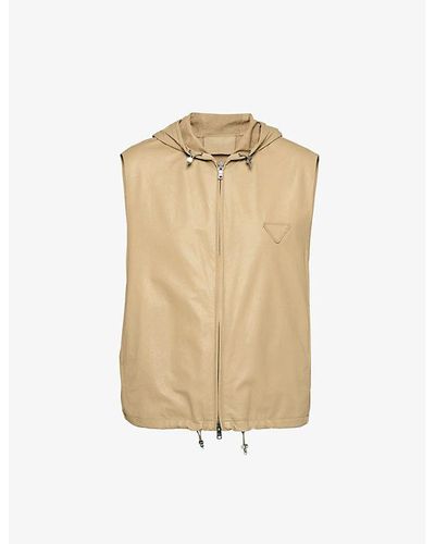 Prada Sleeveless Boxy-fit Leather Hooded Vest - Natural