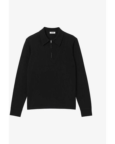 Sandro Half-zip Relaxed-fit Wool-blend Knit Top - Black