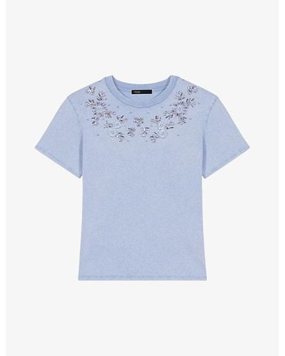 Maje Gem-embroidered Short-sleeve Cotton T-shirt - Blue