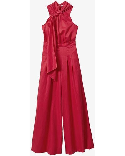 Reiss Selena Halter-neck Drape Linen Jumpsuit - Red