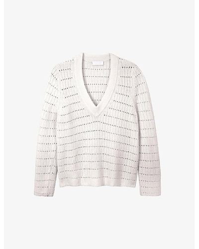 The White Company V-neck Textured-stitch Cotton Sweater - White