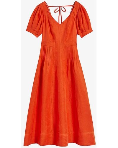Ted Baker Opalz Puff-sleeved Linen-blend Midi Dress - Red