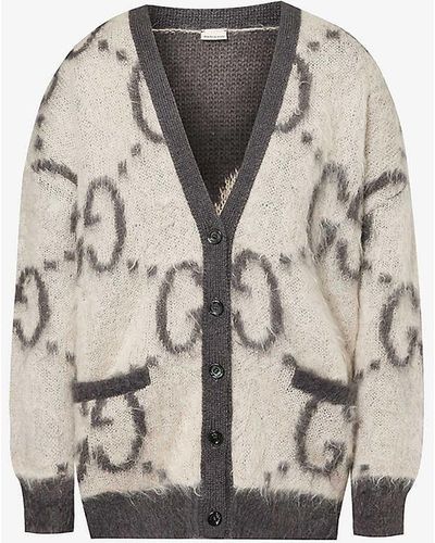 Gucci Logo-intarsia Relaxed-fit Wool-blend Cardigan - Grey