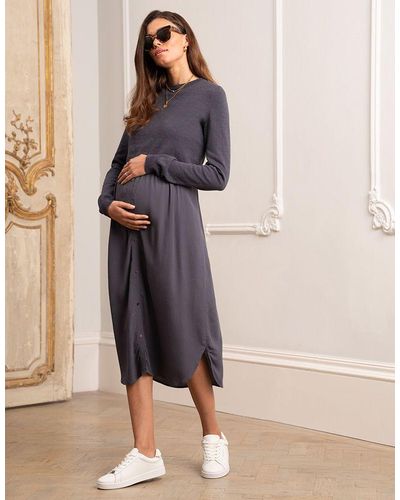 Seraphine Slate Gray Maternity & Nursing Midi Dress - Blue
