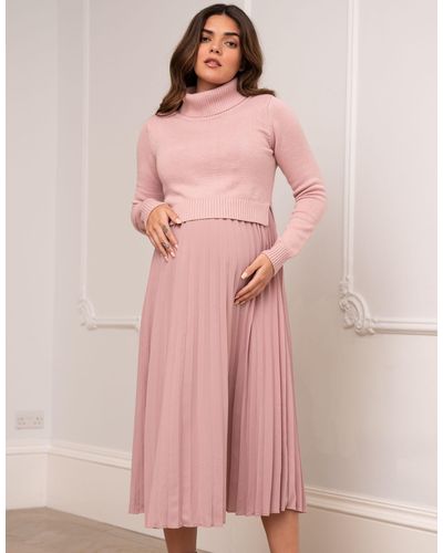 Seraphine Rose Pink Pleated Maternity & Nursing Dress