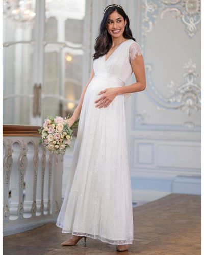 Seraphine Long Lace V Neck Maternity Bridal Gown - White