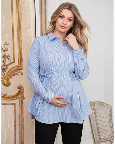 Seraphine Curve Striped Maternity & Nursing Shirt - Blue