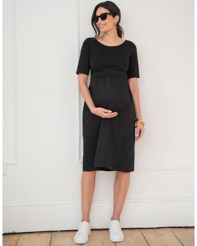 Seraphine Cotton Poplin Maternity And Nursing Dress With Jersey Top - Black