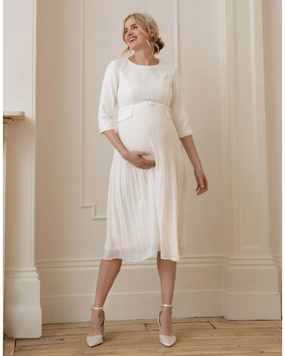 Seraphine Ivory Pleated Maternity Midi Dress - Pink