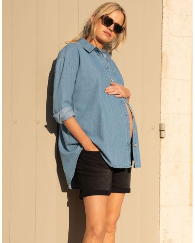 Seraphine Denim Curved Hem Maternity Shirt - Blue