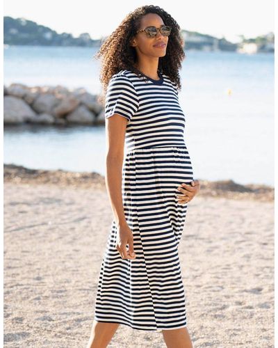 Seraphine Midi Navy & White Stripe Maternity To Nursing Smock T-shirt Dress - Blue