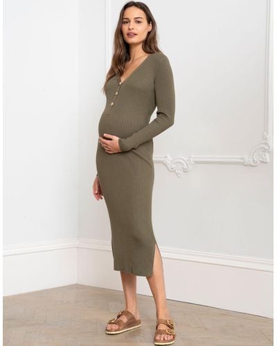 Seraphine Khaki Ribbed Knit Midi Maternity Dress - Brown