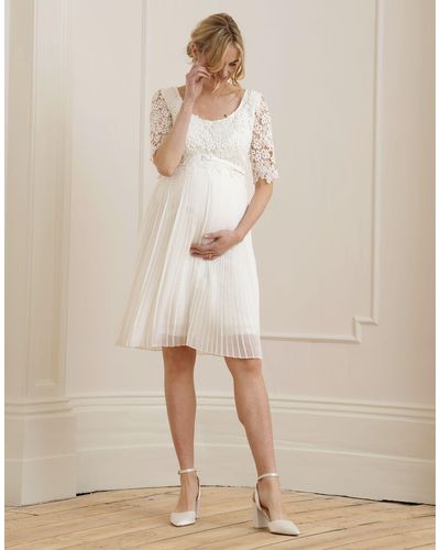 Seraphine Ivory Lace Top Pleated Maternity & Nursing Dress - White