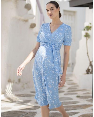 Seraphine Blue Floral Maternity & Nursing Midi Dress