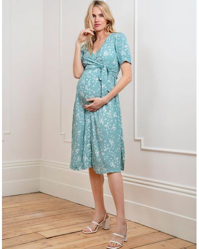 Seraphine Sage Floral Maternity & Nursing Midi Dress - Blue