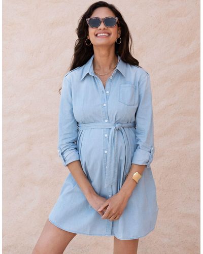 Seraphine Cotton Chambray Belted Maternity Tunic - Blue