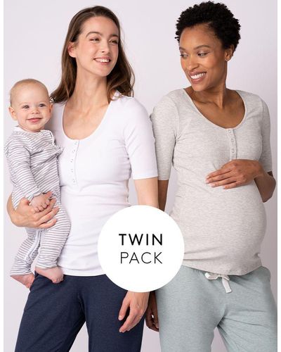Seraphine Long Sleeve Maternity To Nursing Tops – Twin Pack, White & Gray