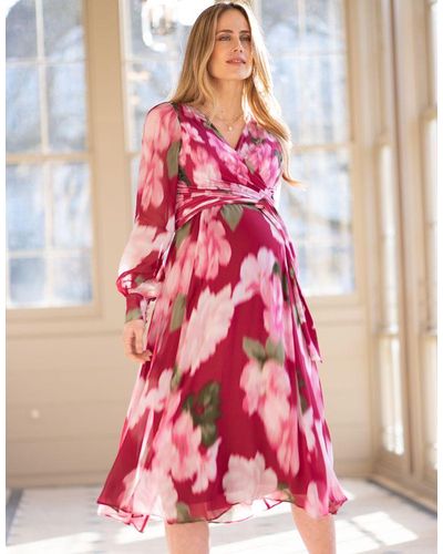 Seraphine Berry Floral Wrap Maternity & Nursing Midi Dress - Pink