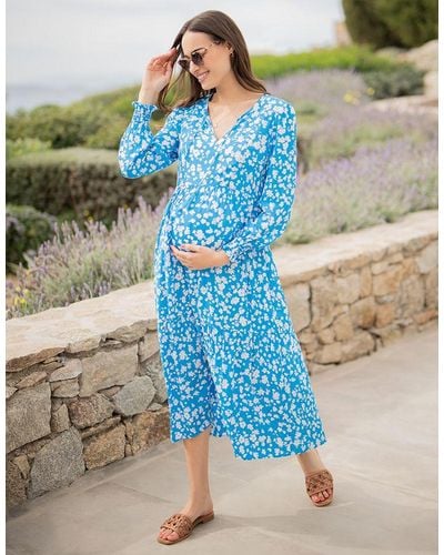 Seraphine Blue & White Boho Midi Maternity & Nursing Dress