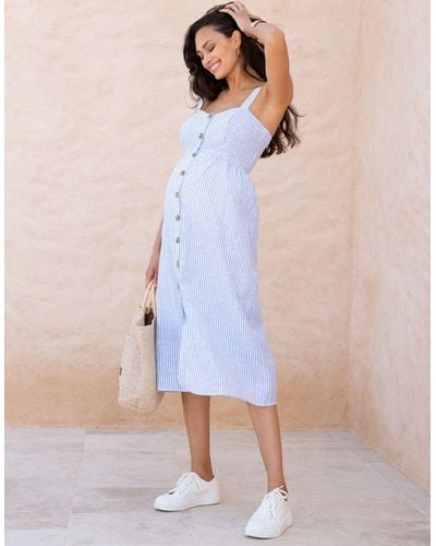 Seraphine Linen & Cotton Midi Maternity & Nursing Dress - Blue