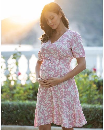Seraphine Pink Floral Drawstring Maternity & Nursing Dress - White