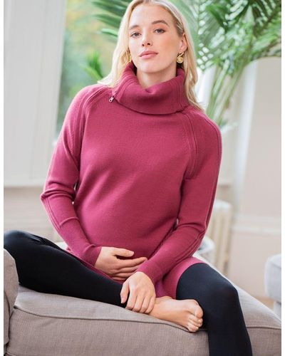 Seraphine Raspberry Roll Neck Maternity & Nursing Sweater - Pink