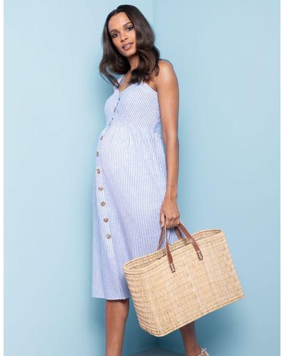 Seraphine Linen & Cotton Midi Maternity & Nursing Dress - Blue