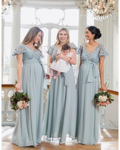 Seraphine Sage Green Lace & Silk Chiffon Maxi Maternity & Nursing Occasion Dress - Blue