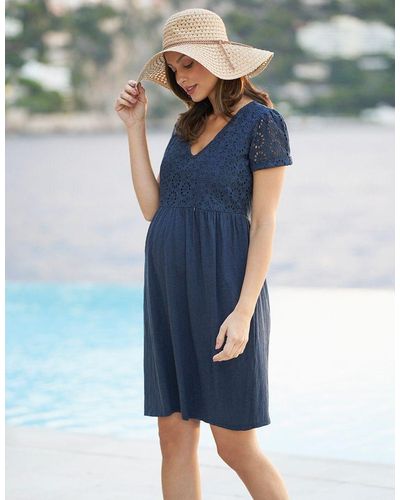 Seraphine Navy Blue Broderie Anglais Maternity To Nursing Dress