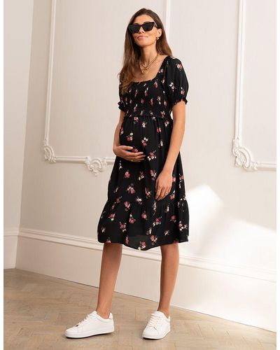 Seraphine Black Floral Shirred Maternity & Nursing Dress - Natural
