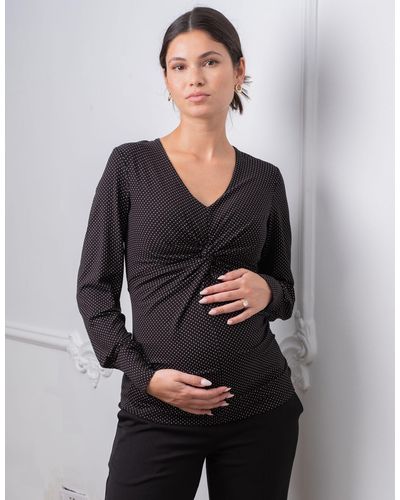 Seraphine Black Polka Dot Twist Maternity Top - Gray