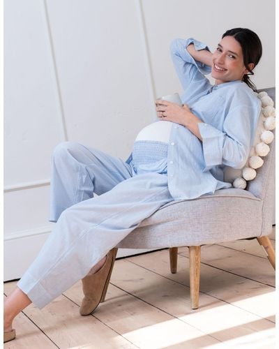 Seraphine Fine Stripe Full-length Cotton Pajama Maternity-to-nursing Set - Blue