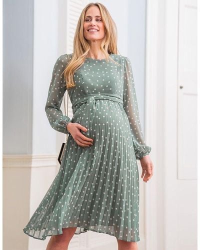 Seraphine Sage Polka Dot Chiffon Maternity & Nursing Dress - Green