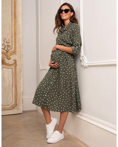 Seraphine Khaki Polka Dot Maternity & Nursing Shirt Dress - Green