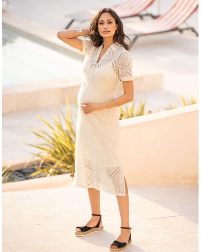 Seraphine Crochet-look Collar Maternity-to-nursing Midi Dress - White