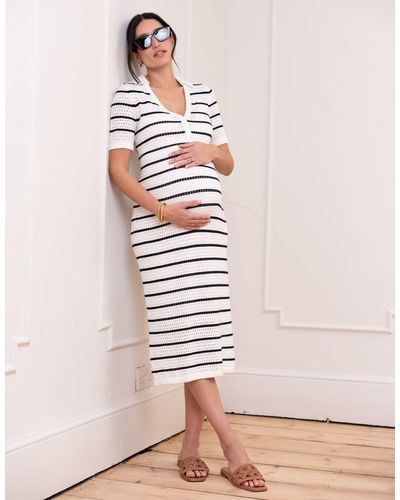 Seraphine Crochet-look Striped Collar Midi Maternity And Nursing Dress - Pink