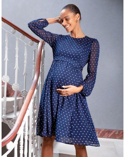 Seraphine Navy & White Spot Chiffon Maternity To Nursing Dress - Blue