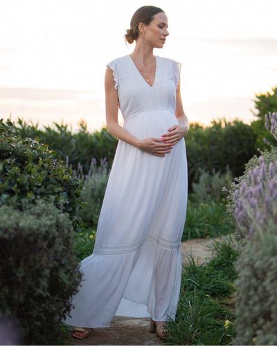 Seraphine White Boho Lace Maternity & Nursing Maxi Dress - Green