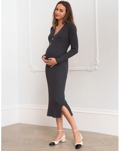 Seraphine Charcoal Ribbed Knit Midi Maternity Dress - Multicolor