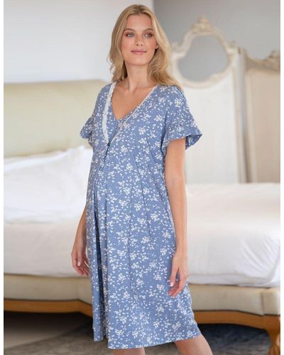 Seraphine Blue Floral Cotton Maternity & Nursing Night Dress