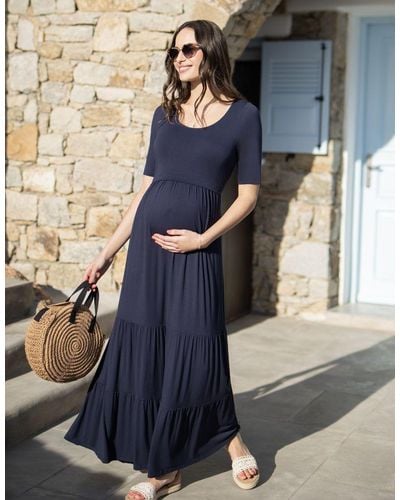 Seraphine Navy Blue Jersey Maternity & Nursing Maxi Dress